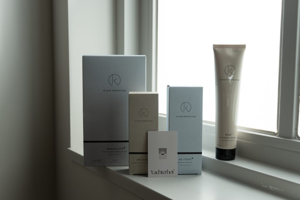IK Skin Perfection producten – Medikal Kit, Silk Cleanser, De-Itchy en Recover olie – huidverzorging speciaal ontwikkeld voor de gevoelige huid en ondersteuning bij kankerbehandelingen, verkrijgbaar bij ’t Achterhof.